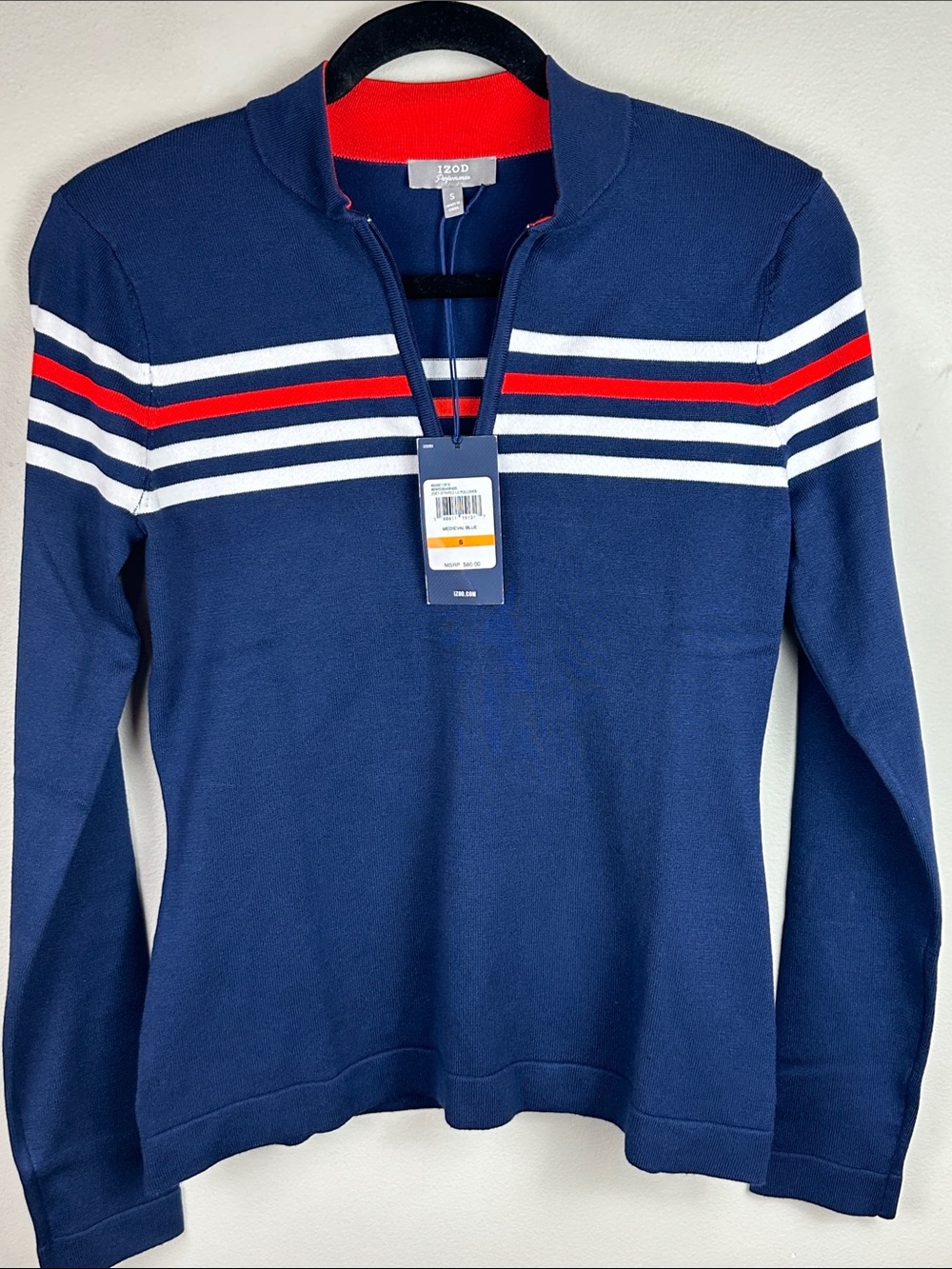 Izod Zoey Striped 1/4 Zip Knit Pullover Medieval Blue NEW! - Picture 6 of 11